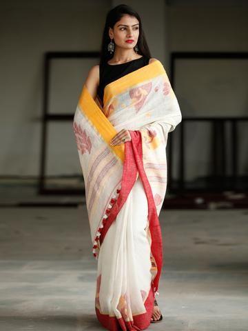 Pleasant Beige Digital Printed Linen Zari Patta Saree with Flaunt Blouse Piece