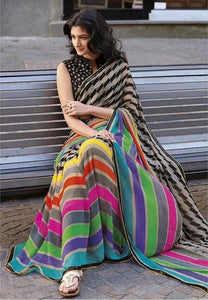 Prominent Multi Colours Digital Printed Linen Zari Patta Saree with Flaunt Blouse Piece
