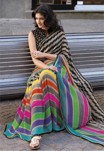 Prominent Multi Colours Digital Printed Linen Zari Patta Saree with Flaunt Blouse Piece