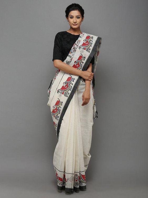 Pretty Beige Digital Printed Linen Zari Patta Saree with Girlish Blouse Piece