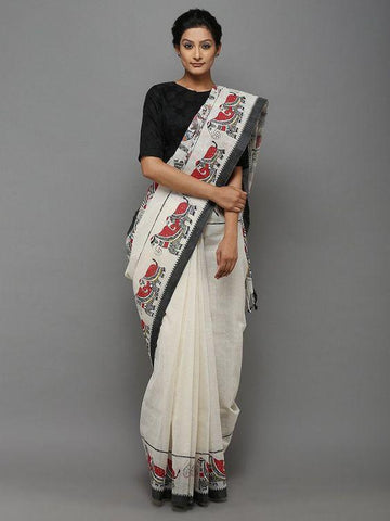 Pretty Beige Digital Printed Linen Zari Patta Saree with Girlish Blouse Piece