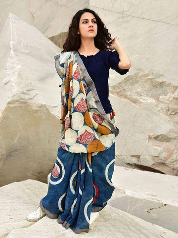Flaunt Multi Colour Digital Printed Linen Zari Patta Saree with Girlish Blouse Piece