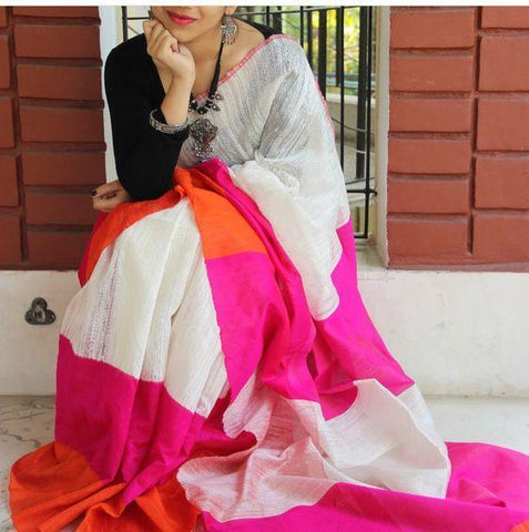 Surpassing White and Pink Digital Printed Linen Zari Patta Saree with Girlish Blouse Piece
