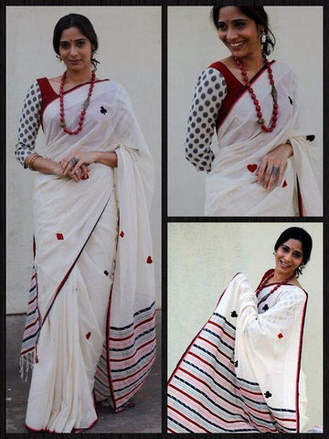 Groovy White Digital Printed Linen Zari Patta Saree with Smart Blouse Piece