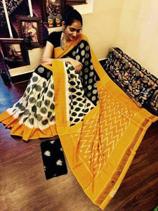 Prettiest Yellow and Black Digital Printed Linen Zari Patta Saree with Angelic Blouse Piece