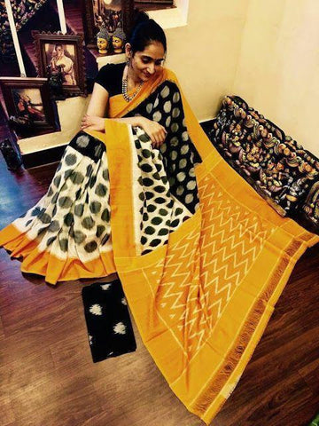 Prettiest Yellow and Black Digital Printed Linen Zari Patta Saree with Angelic Blouse Piece