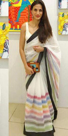 Skinny White Pure Linen Jari Patta and Digital Print Saree with Blouse