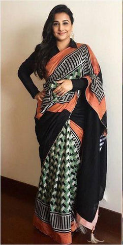 Precious Multi Colours Pure Linen Jari Patta and Digital Print Saree with Blouse