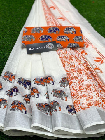 Glittering White Digital Printed Linen Zari Patta Saree with Blouse Piece