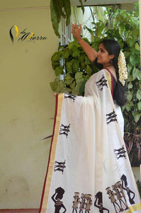 Proficient White Digital Printed Linen Zari Patta Saree with Blouse Piece