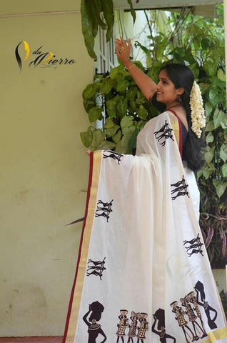 Proficient White Digital Printed Linen Zari Patta Saree with Blouse Piece