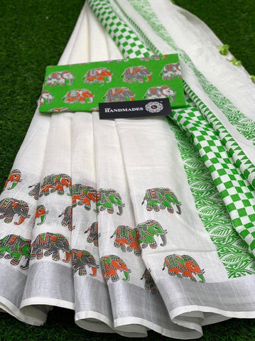 Supernal White Digital Printed Linen Zari Patta Saree with Blouse Piece
