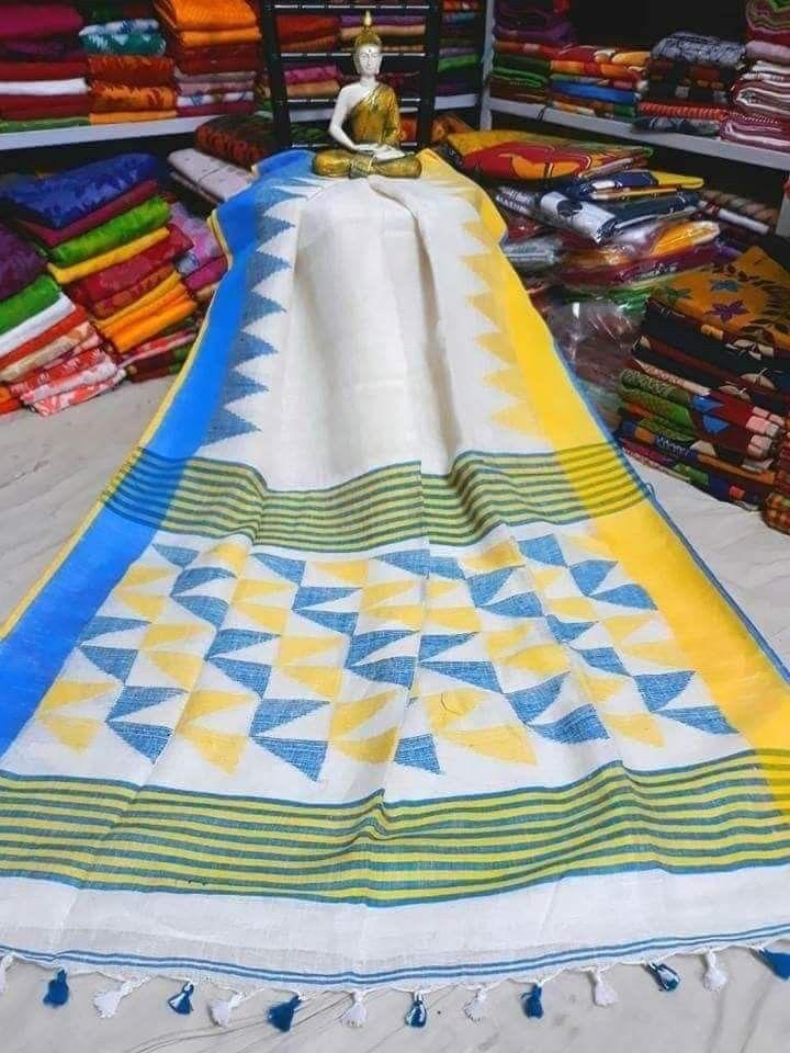 Improbable White Digital Printed Linen Zari Patta Saree with Blouse Piece