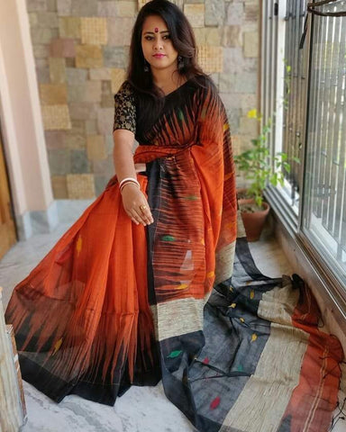 Refreshing Orange and Black Digital Printed Linen Sarees