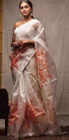Flaunt Beige and Orange Beautiful Flower Digital Printed Linen Sarees