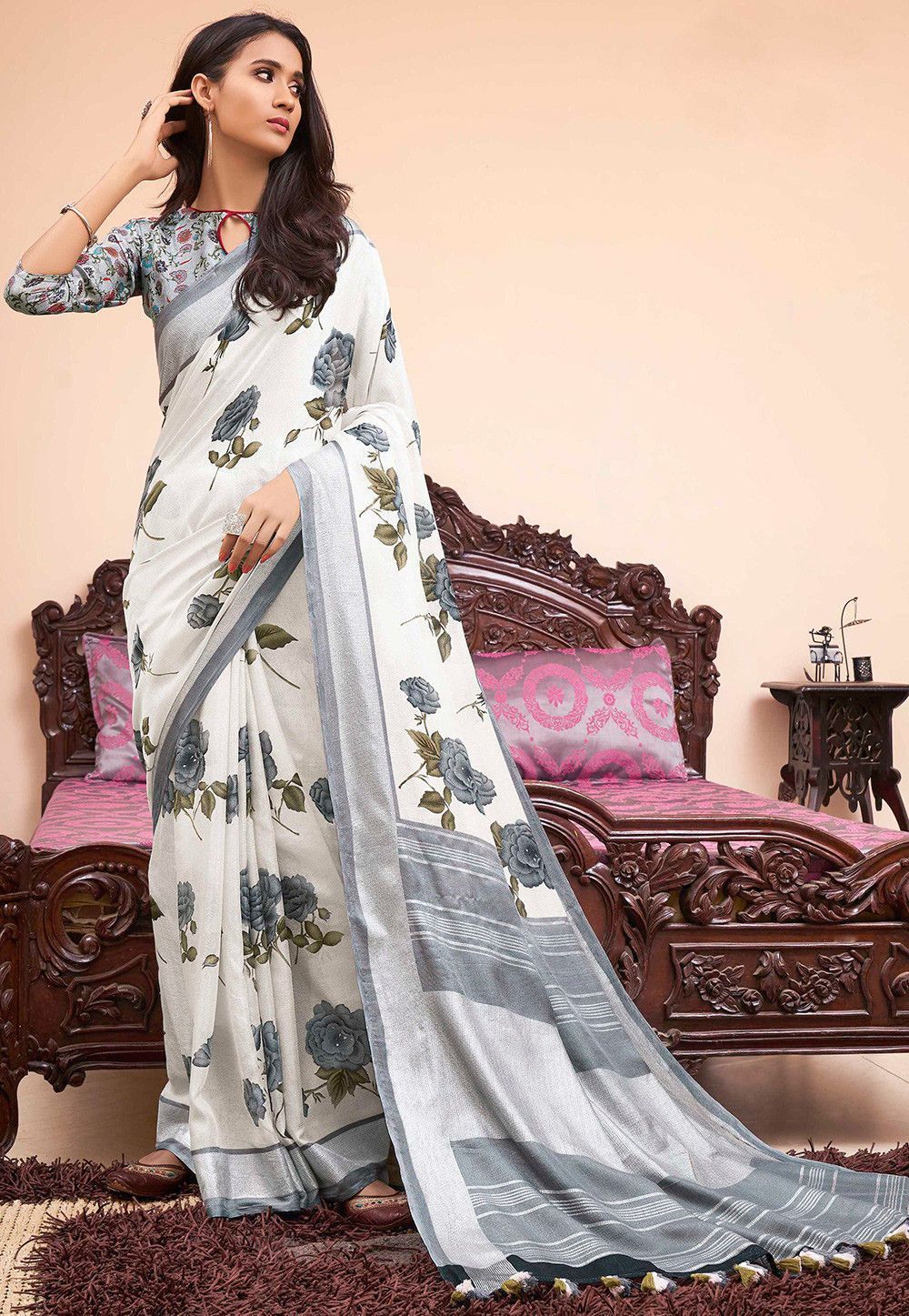Skinny White and Grey Digital Printed Linen Sarees