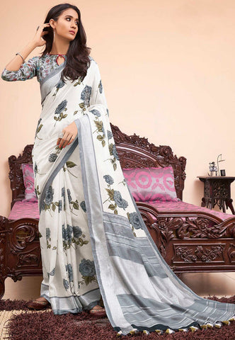 Skinny White and Grey Digital Printed Linen Sarees