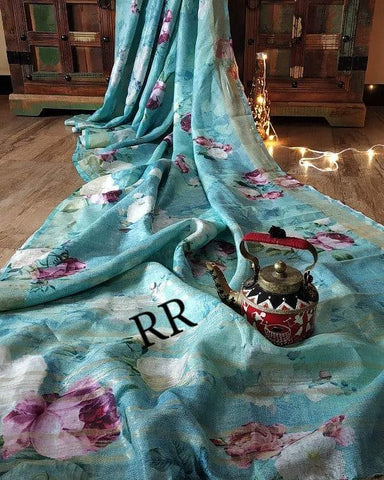 Profuse Turquoise Digital Printed Linen Zari Patta Saree with Blouse Piece