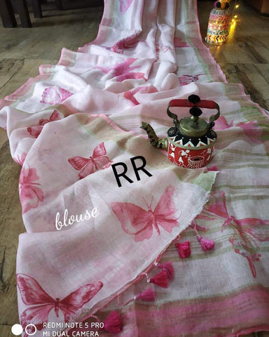 Magnific Baby Pink Digital Printed Linen Zari Patta Saree with Blouse Piece