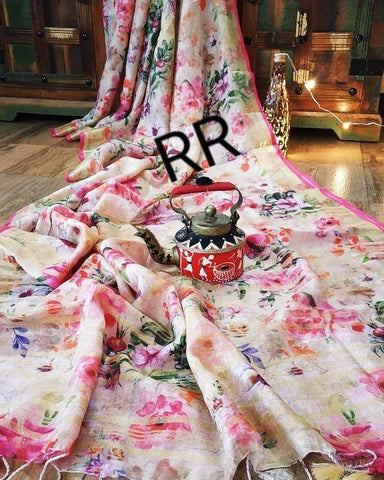 Snappy Pink Digital Printed Linen Zari Patta Saree with Blouse Piece
