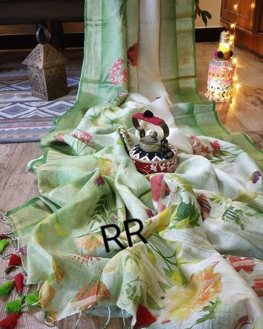 Fantabulous Green Digital Printed Linen Zari Patta Saree with Blouse Piece