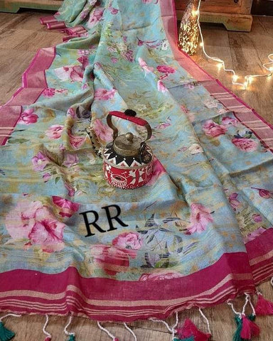 Fragrant Sky Blue Digital Printed Linen Zari Patta Saree with Blouse Piece