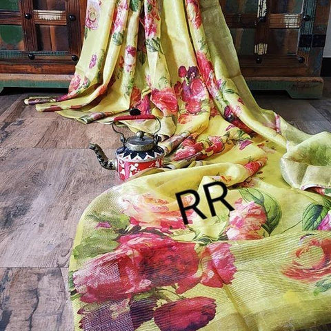 Scrumptious Yellow Digital Printed Linen Zari Patta Saree with Blouse Piece