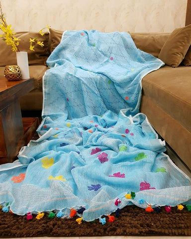Snazzy Sky Blue Digital Printed Linen Zari Patta Saree with Blouse Piece
