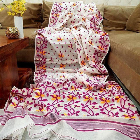 Felicitous White and Wine Digital Printed Linen Zari Patta Saree with Blouse Piece