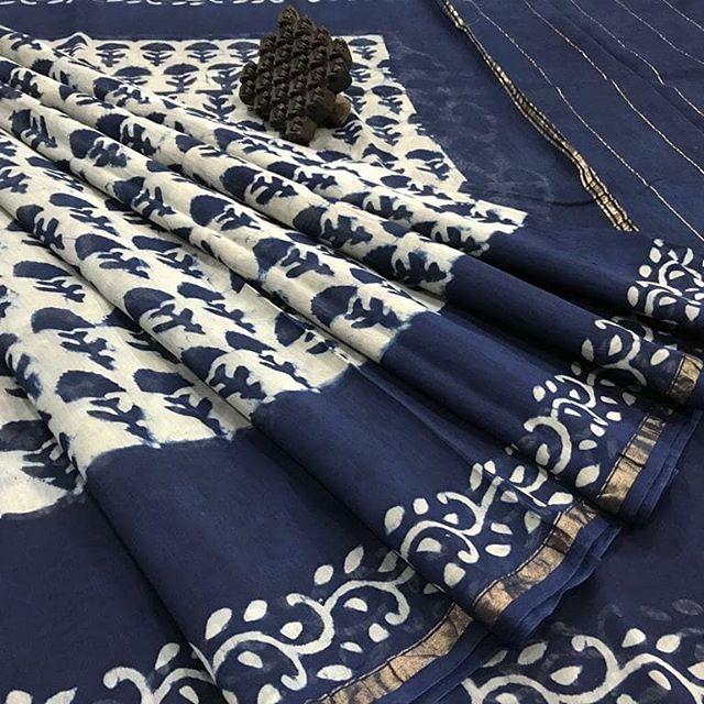 Splendiferous Navy Blue and Beige Digital Printed Linen Zari Patta Saree with Blouse Piece