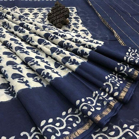 Splendiferous Navy Blue and Beige Digital Printed Linen Zari Patta Saree with Blouse Piece