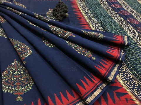 Gratifying Navy Blue Digital Printed Linen Zari Patta Saree with Blouse Piece