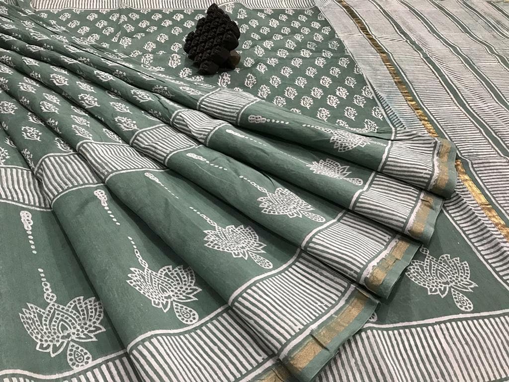 Smashing Grey Digital Printed Linen Zari Patta Saree with Blouse Piece