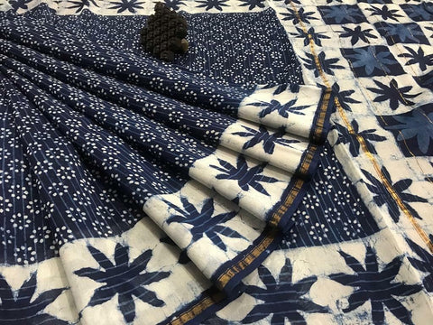 Pleasurable Navy Blue Digital Printed Linen Zari Patta Saree with Blouse Piece