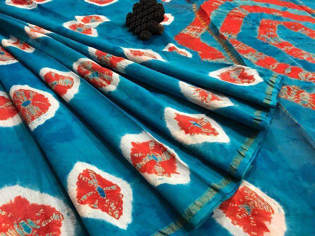 Staggering Turquoise Digital Printed Linen Zari Patta Saree with Blouse Piece