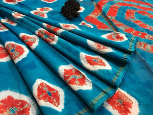 Staggering Turquoise Digital Printed Linen Zari Patta Saree with Blouse Piece