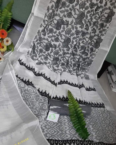 Magnetic White and Grey Digital Printed Linen Zari Patta Saree with Blouse Piece