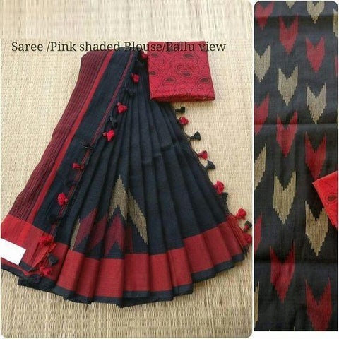 Susurrous Black and Red Digital Printed Linen Zari Patta Saree with Blouse Piece