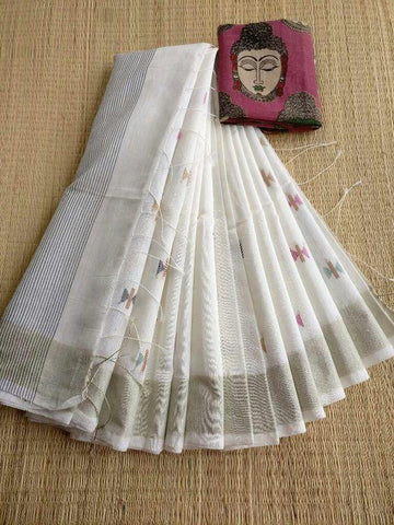 Sumptuous White Digital Printed Linen Zari Patta Saree with Blouse Piece