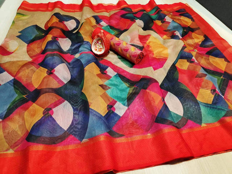 Serendipity Multi Colour Digital Printed Linen Zari Patta Saree with Blouse Piece