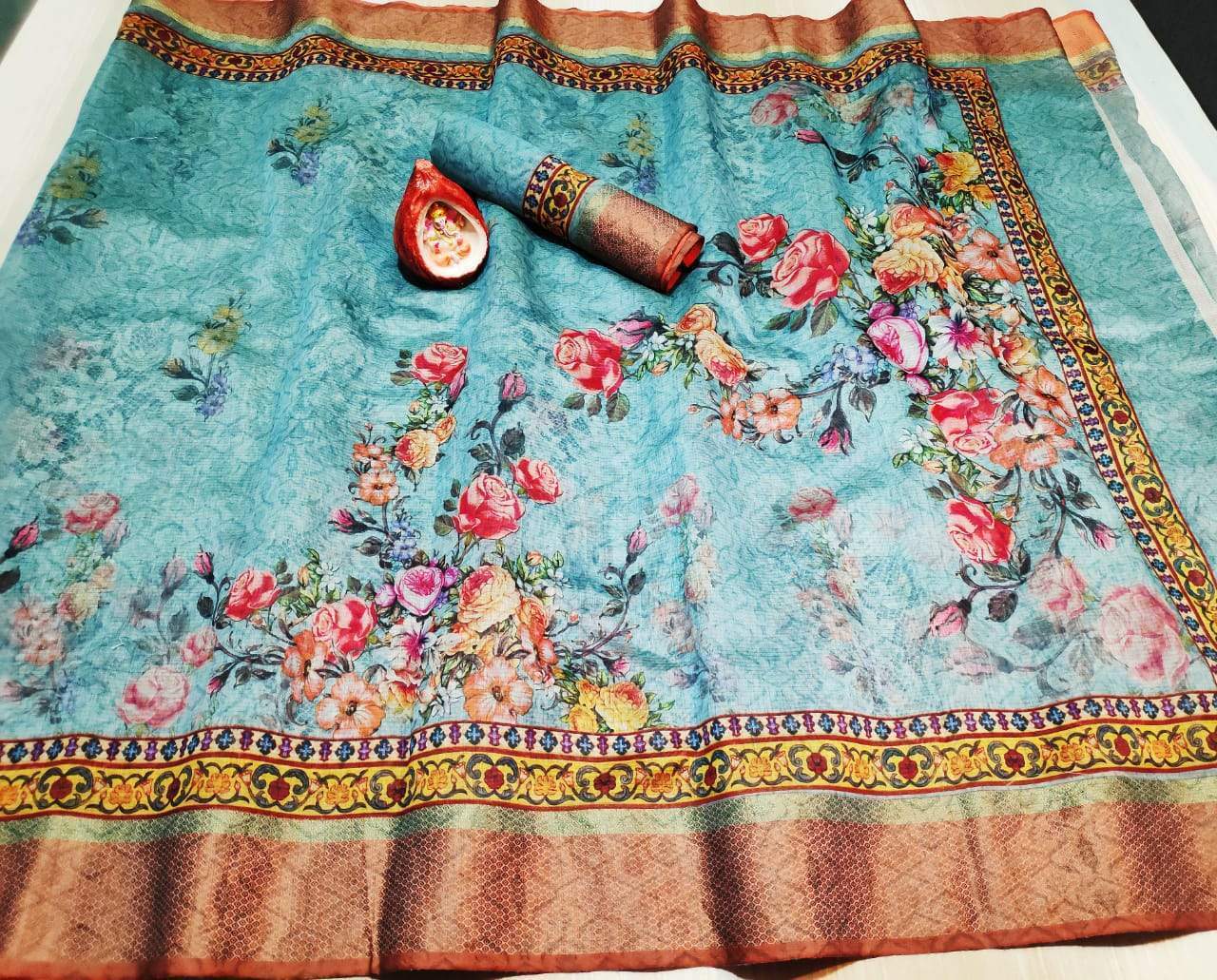 Seraglio Turquoise Digital Printed Linen Zari Patta Saree with Blouse Piece