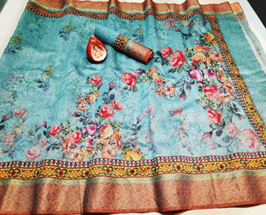 Seraglio Turquoise Digital Printed Linen Zari Patta Saree with Blouse Piece