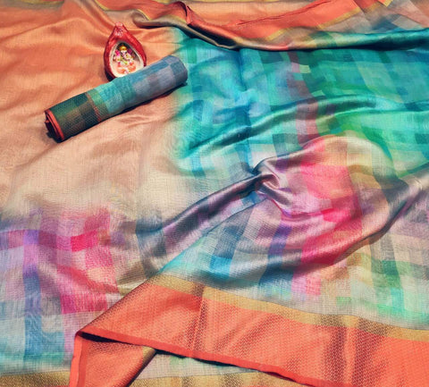 Sempiternal Multi Colour Digital Printed Linen Zari Patta Saree with Blouse Piece