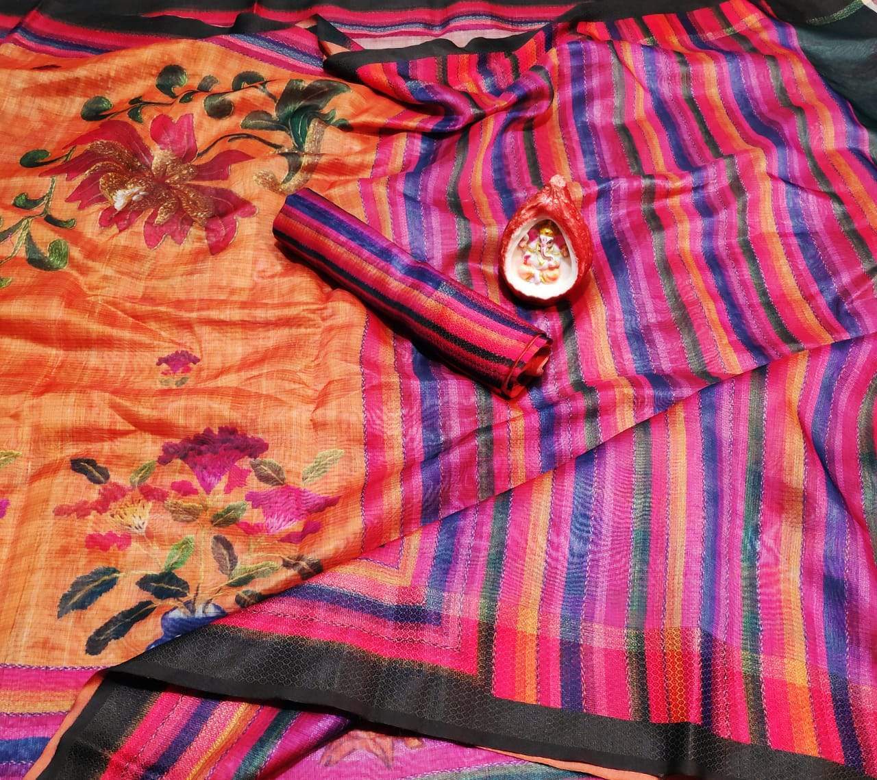 Scintilla Multi Colour Digital Printed Linen Zari Patta Saree with Blouse Piece