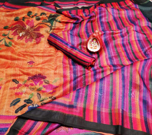 Scintilla Multi Colour Digital Printed Linen Zari Patta Saree with Blouse Piece