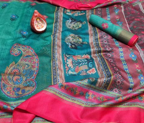 Redolent Multi Colour Digital Printed Linen Zari Patta Saree with Blouse Piece