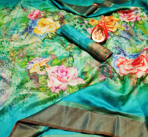 Ratatouille Turquoise Digital Printed Linen Zari Patta Saree with Blouse Piece