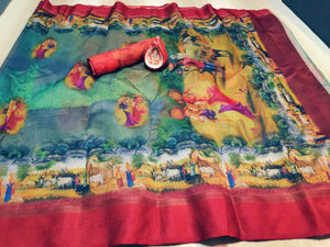 Petrichor Multi Colour Digital Printed Linen Zari Patta Saree with Blouse Piece