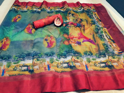 Petrichor Multi Colour Digital Printed Linen Zari Patta Saree with Blouse Piece