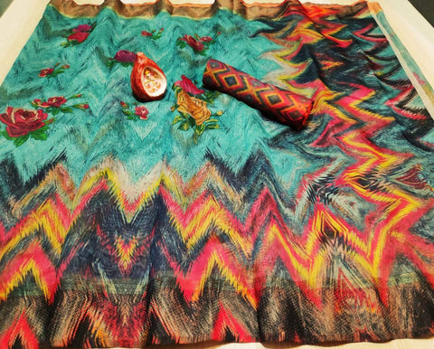 Panoply Turquoise Digital Printed Linen Zari Patta Saree with Blouse Piece